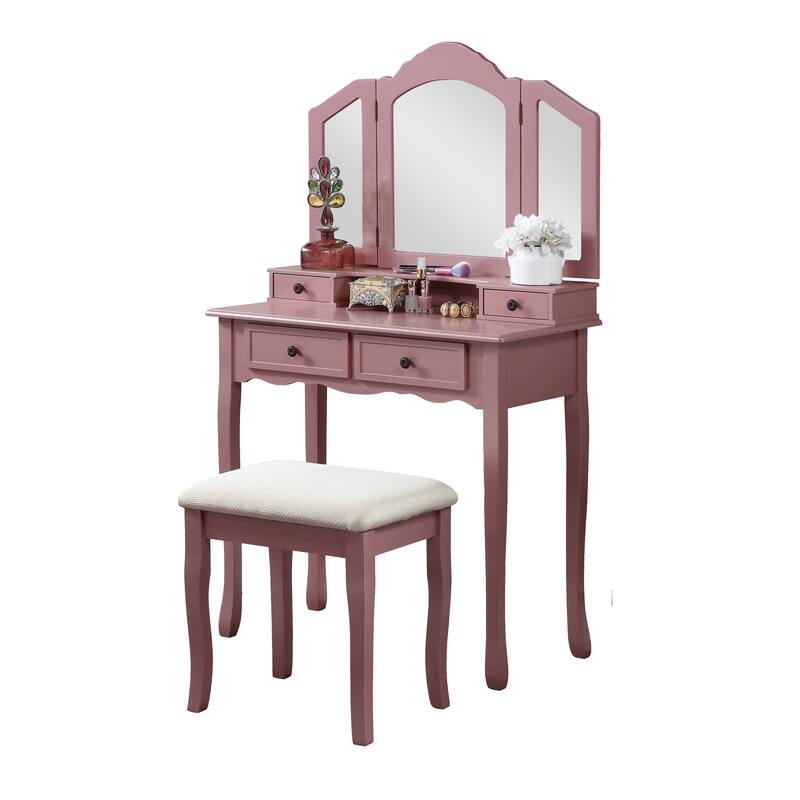 Wooden Vanity Table and Upholstered Stool Set, with 3-Panel Mirror and Ample Storage Drawers