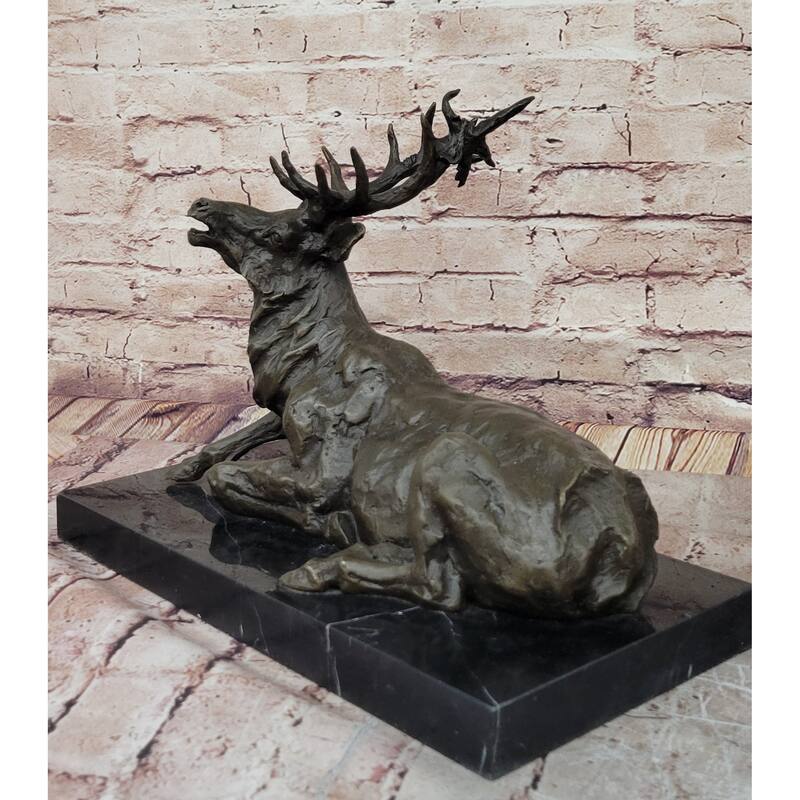Stag Buck Elk Deer Laying Down - Bronze Wildlife Sculpture By Milo On Marble Base