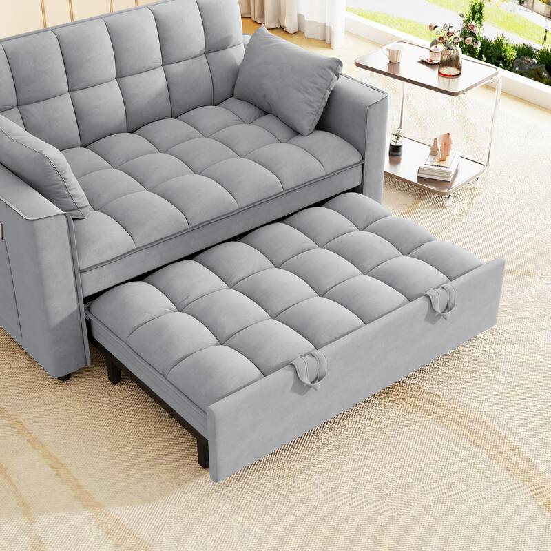Anmytek Modern Velvet Small Loveseat Pull Out Sleeper Sofa Bed with Pillows and Side Pockets