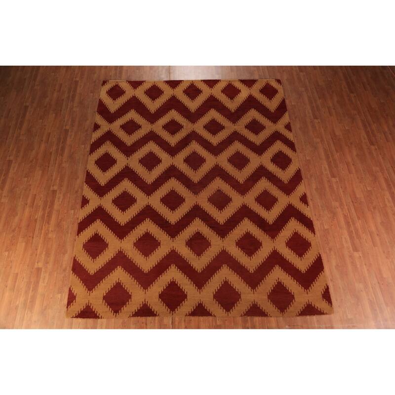 Hand Knotted Oriental 100% Wool Carpet Modern Geometric Red Moroccan Area Rug - 11' 7'' X 8' 10''