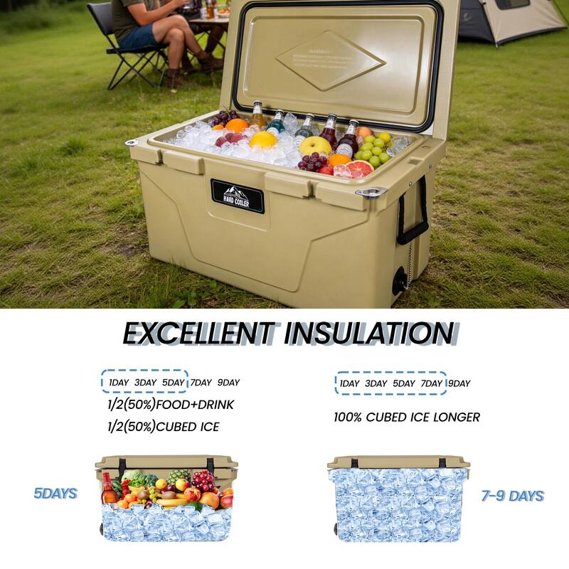 110 Quart Khaki Cooler, Rotomolded Insulated Ice Chest, Heavy-Duty Hard Shell Cooler with 6-10 Day Ice Retention for Camping
