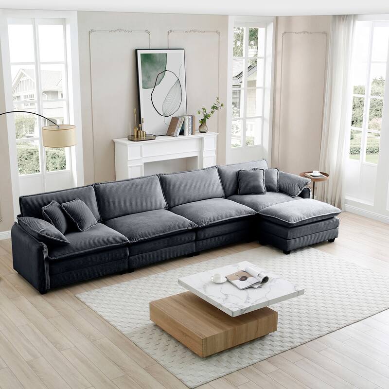 5-piece Oversized Corduroy Upholstered L-Shaped Modular Sectional Sofa with Removable Ottoman and Free Combination - Grey