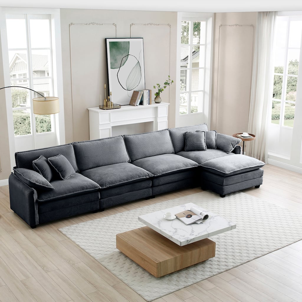 Grey 5-piece Corduroy L-Shaped Modular Sectional Sofa with Ottoman