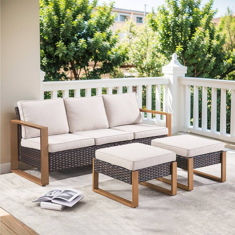 Outdoor Sectional Wicker Patio Sofa Ottoman - Brown - Beige - Brown