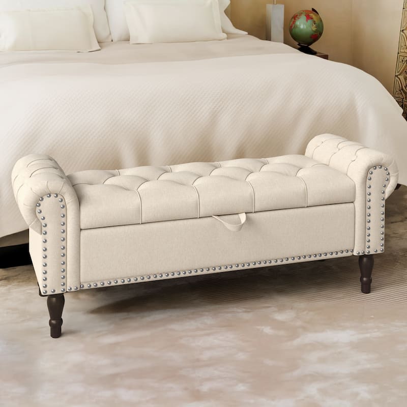 Modern Velvet Upholstered Storage Bench with Silver Nailhead Trim - 50.7" W X 17.7" D X 19.6" H - Beige/51"