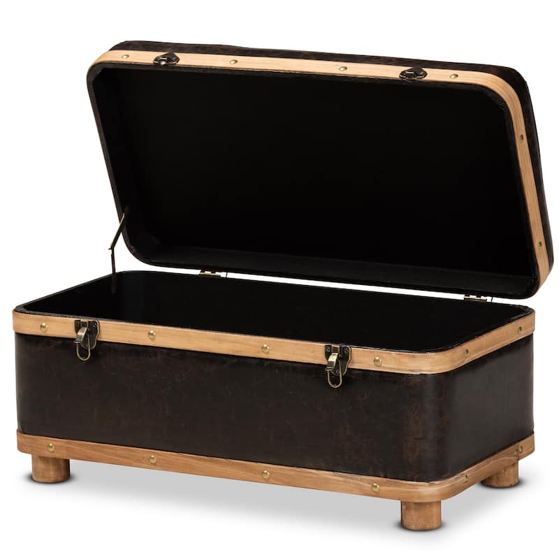 Gendry Modern Rustic Faux Leather and Wood Storage Ottoman Large