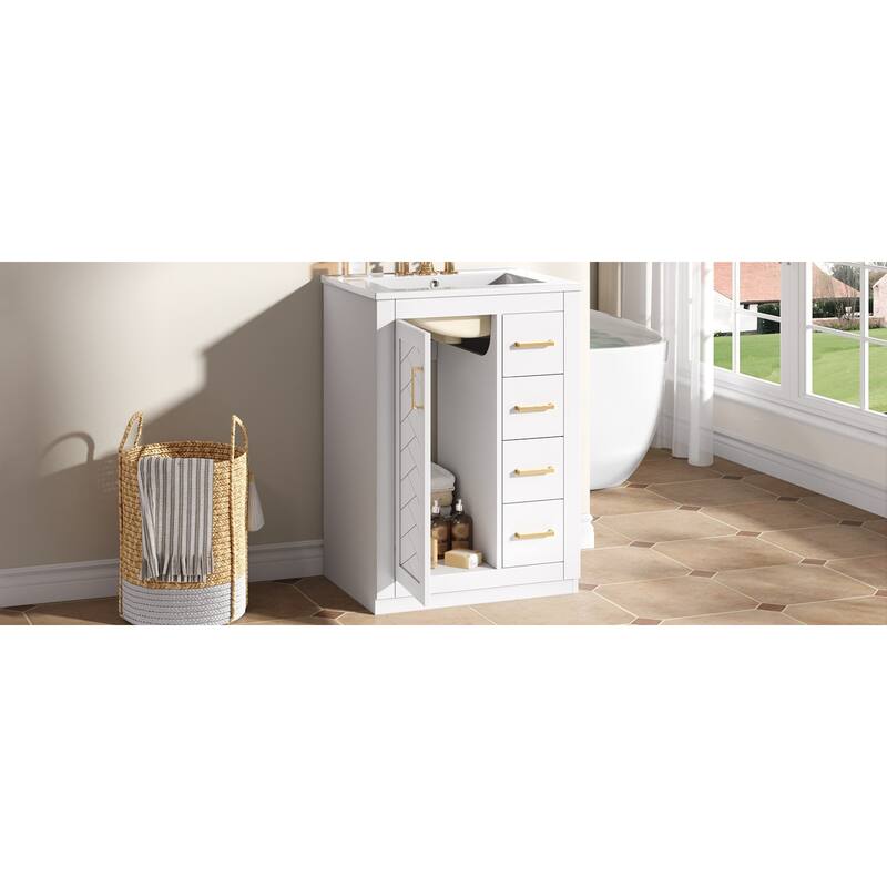 Roomfitters 24 Inch Bathroom Vanity with Integrated Ceramic Sink, Storage Cabinet with 3 Sliding Tiers & Soft Close Door