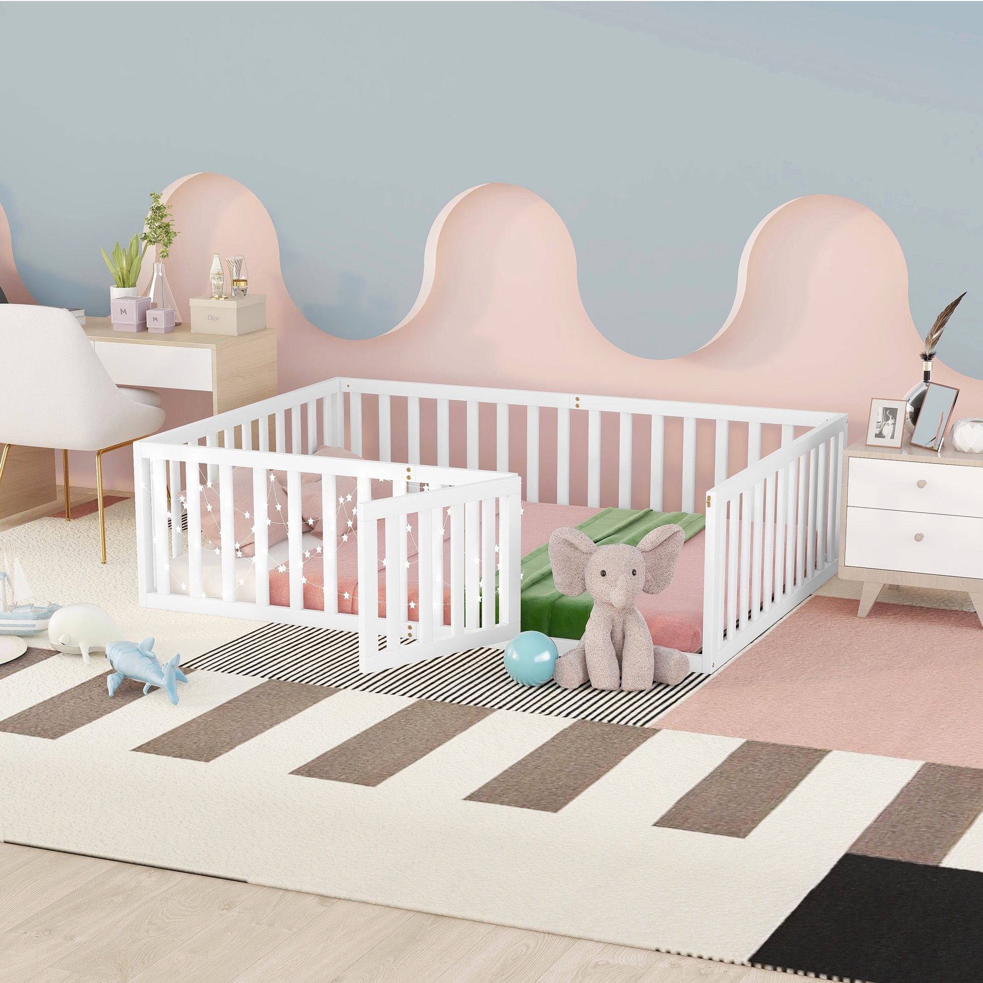 Full Size Floor Bed Frame with Safety Fence and Door Solid Wood Construction