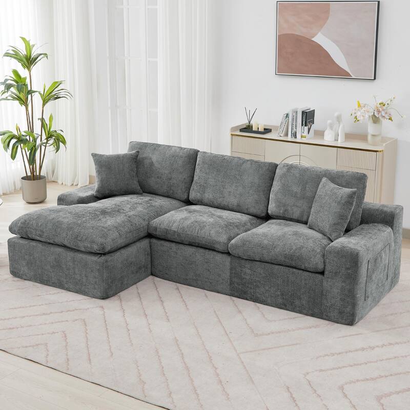 L-Shape Cloud Sectional Sofa with Chaise, Chenille Modular Boneless Upholstered Couche, Full-Compressed Sofa with Side Pockets