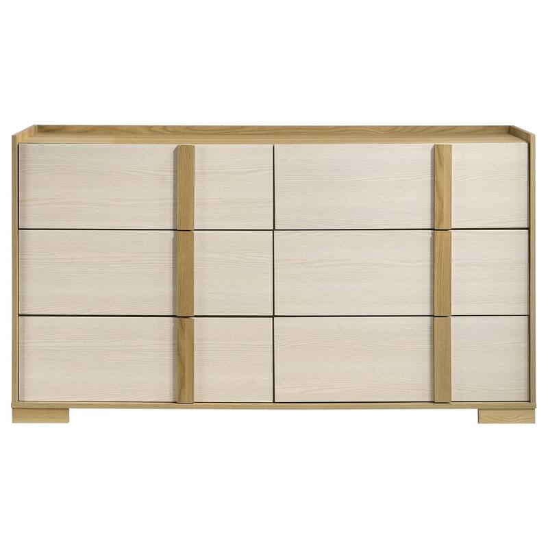 Hyle Wide Dresser, 6 Drawers, Modern Natural Brown and White Finish