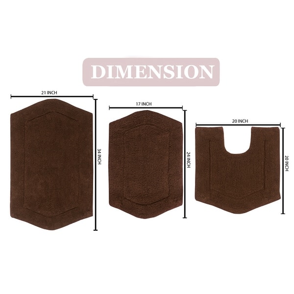 dimension image slide 13 of 19, Waterford Collection 100% Cotton Non-Slip Bathroom Rug Set, 3 Piece Machine Washable- Bathroom Rug, Bath Rug, U Shaped Contour
