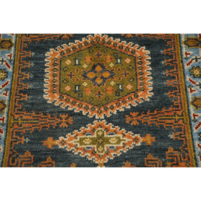 Hand Knotted Oriental 100% Wool Carpet Traditional Geometric Navy Blue & Blues Viss Runner Rug - 8' 9'' X 2' 7''