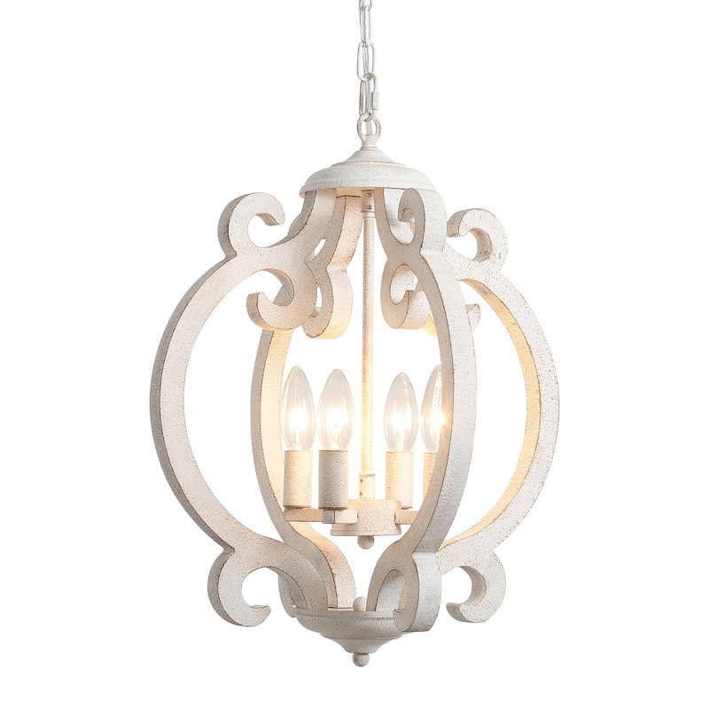 4-Light 15.74-inch Farmhouse Wooden Lantern Chandeliers for Entryway