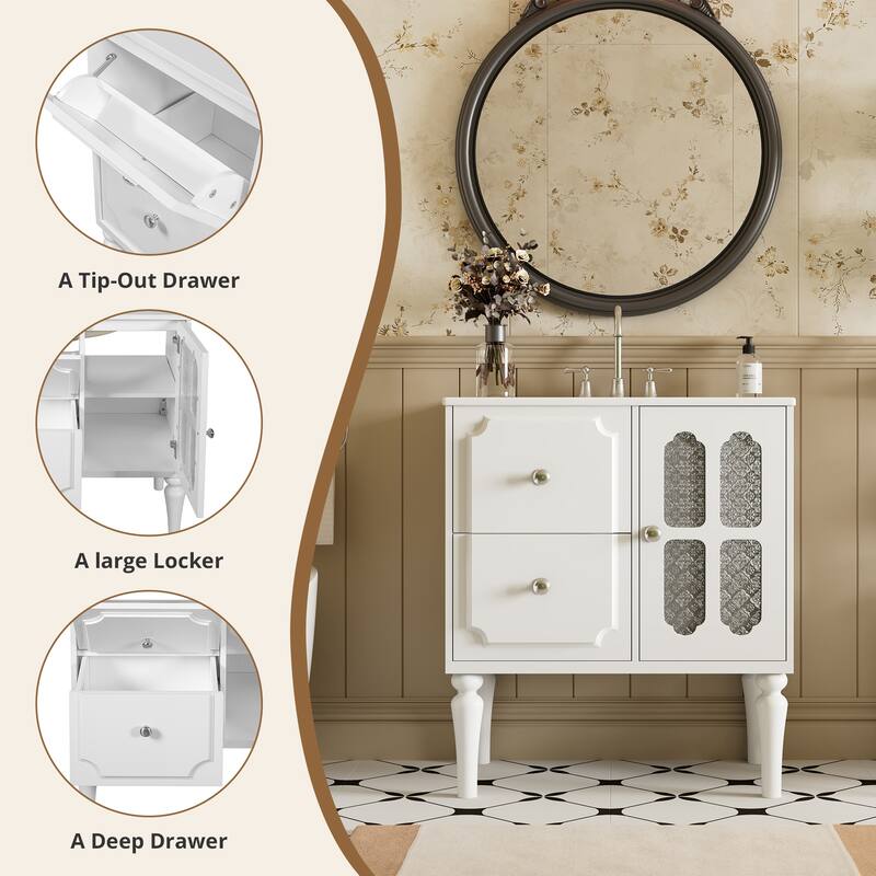 30" Retro Bathroom Vanity with Ceramic Sink, Freestanding Single Cabinet with 2 Drawers and Solid Wood Frame