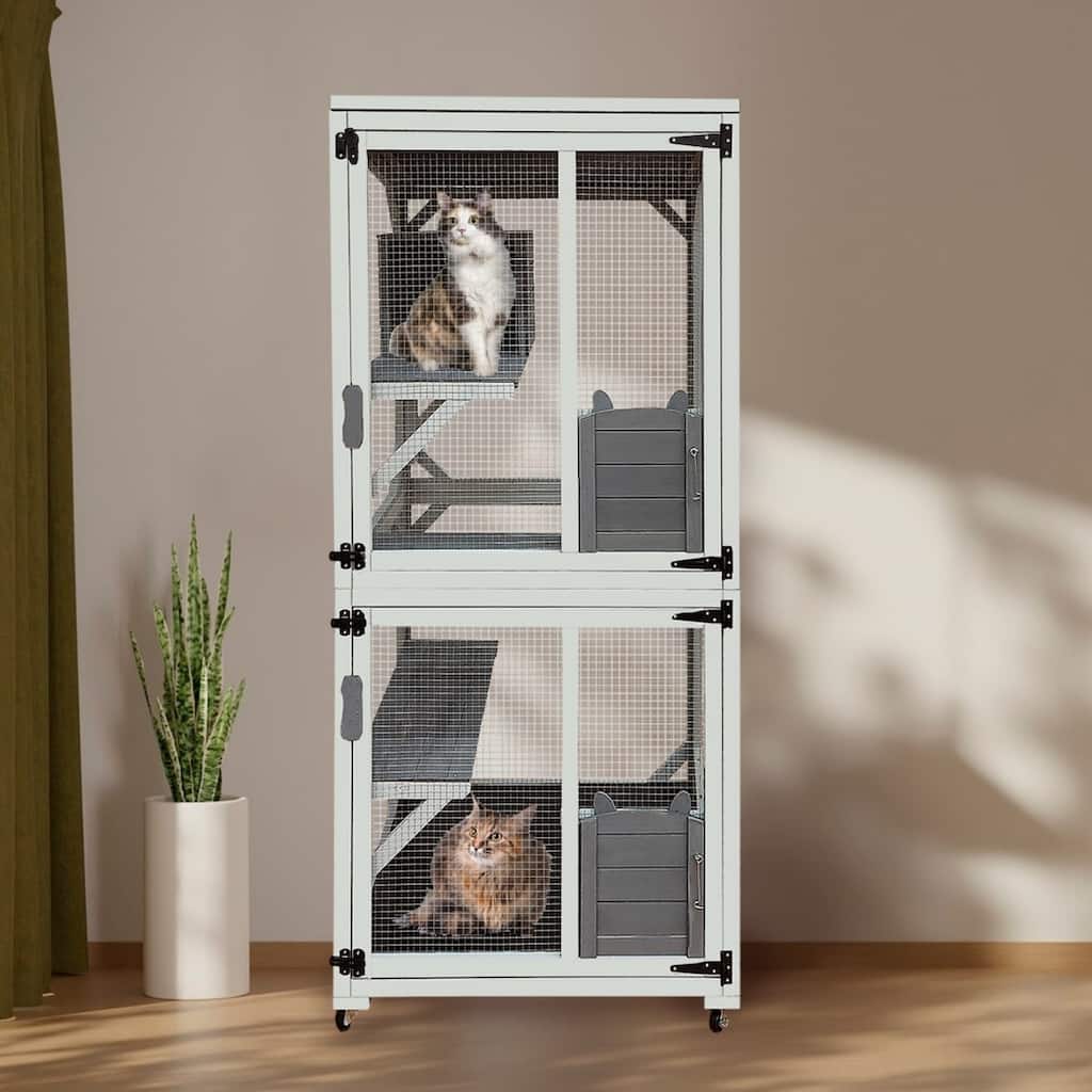 30.7" Outdoor Wooden Cat House on Wheels with Roof, Platforms & Box