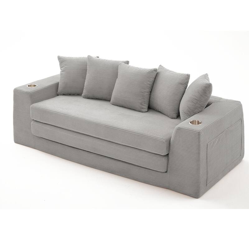 Modern Convertible Loveseat Sofa Bed, Corduroy Fabric Foldable Floor Couch w/5 Pillows, Side Pockets & Cup Holders, No Assembly