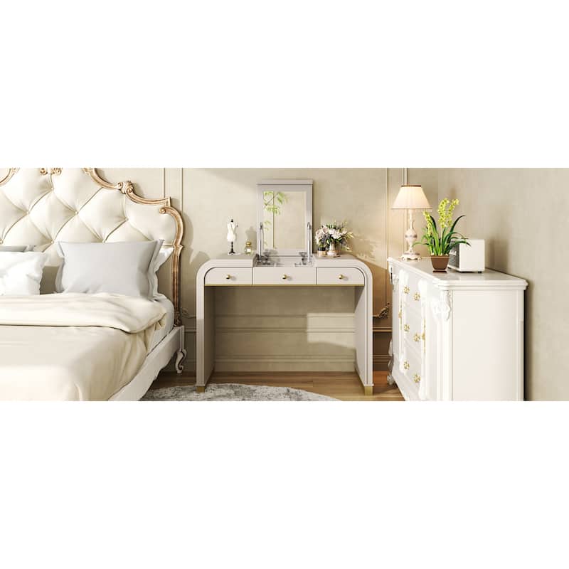 Roomfitters Flip Top Vanity Desk with Mirror and Hidden Storage, Modern Makeup Table with Gold Trim for Small Space