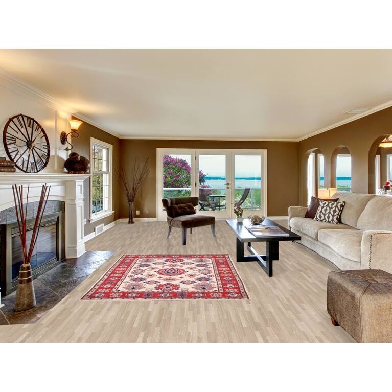 Geometric Kazak Area Rug Hand-Knotted Bedroom Beige Wool Carpet - 5'2" x 6'7"