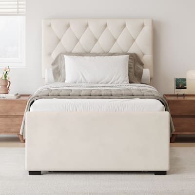 Twin Size Velvet Fabric Upholstered Platform Bed with Trundle and Adjustable Button Tufted Headboard, No Box Spring Needed
