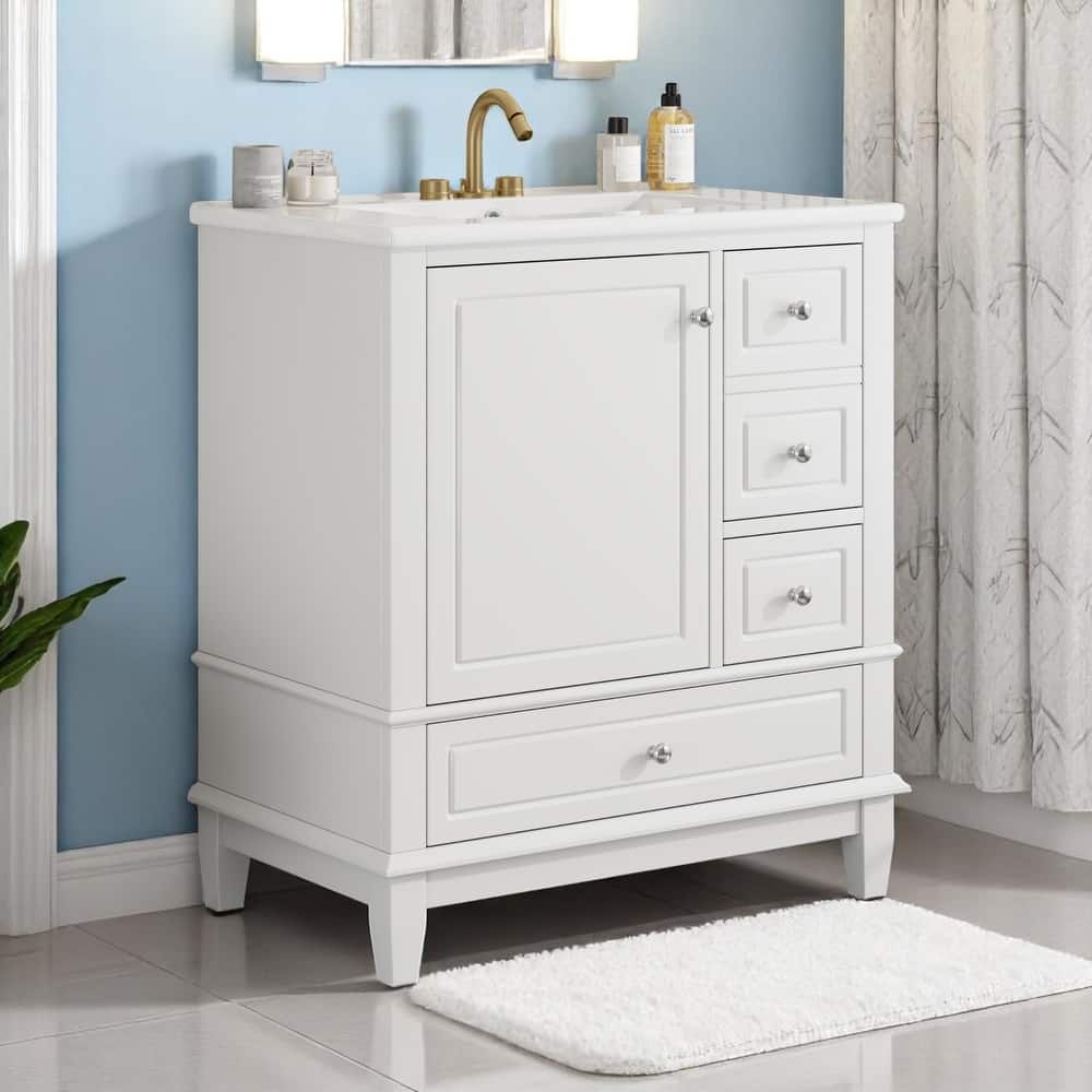 30" Freestanding Bathroom Vanity with Sink, One Door Cabinet and 3 Drawers, Solid Wood Frame & MDF Board