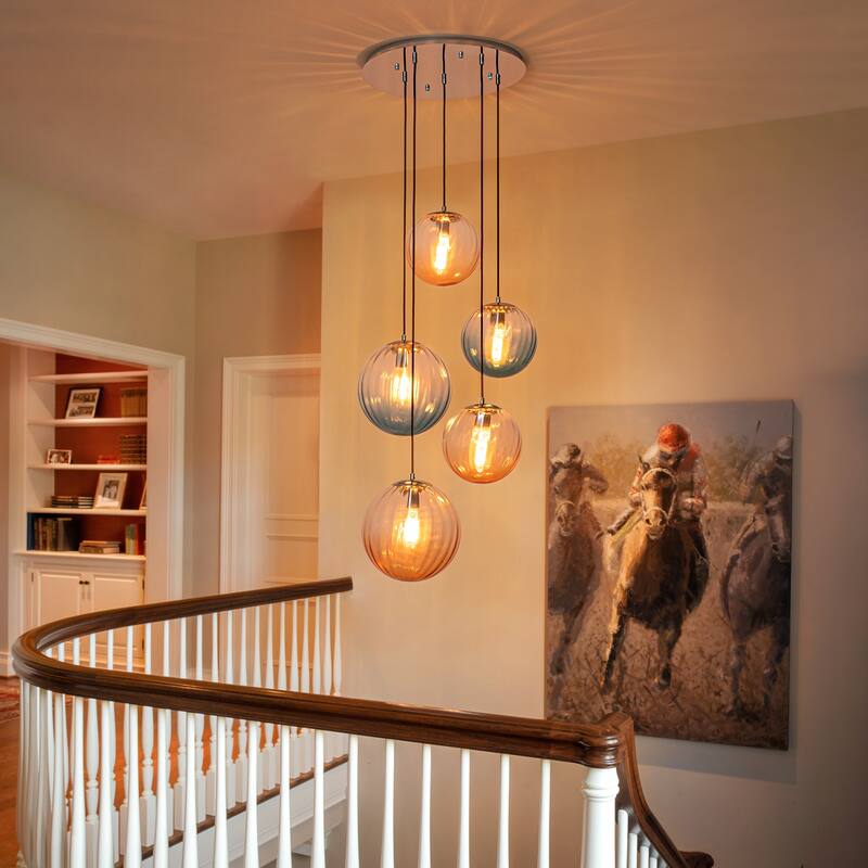 Modern 5-Light Cluster Glass Globe Pendant Light with Gradient Shades - Silver