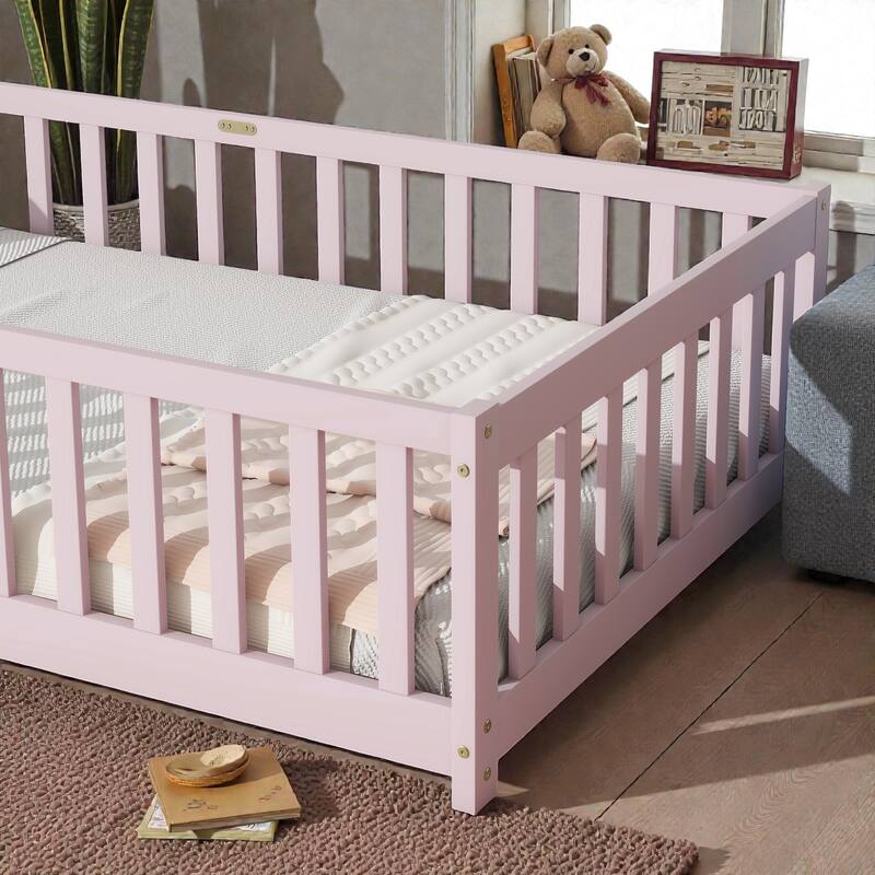 Floor Bed with Fence, Solid Rubber Wood Montessori Floor Bed with Safety Guardrails