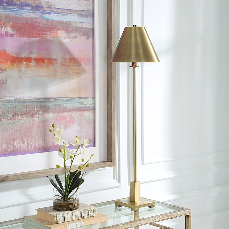 Slender Buffet Table Lamp with Empire Shade - 36.5" - Brass Tone