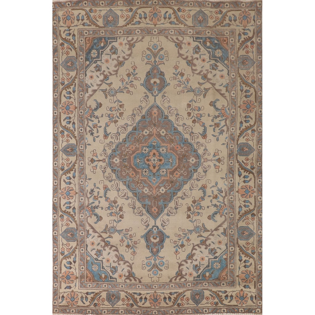 Tabriz Persian Vintage Rug Handmade Floral Wool Carpet - 6'6"x 9'8"