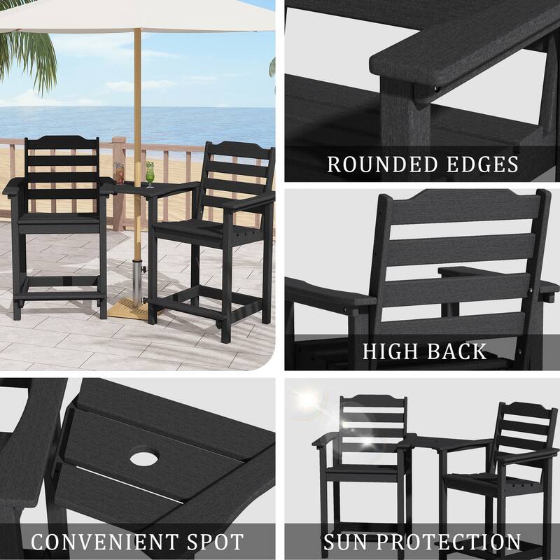 Adirondack Chairs Set of 2 with Connecting Tray, 24 inches HDPE Bar Height Outdoor Patio Bar Stool Chairs