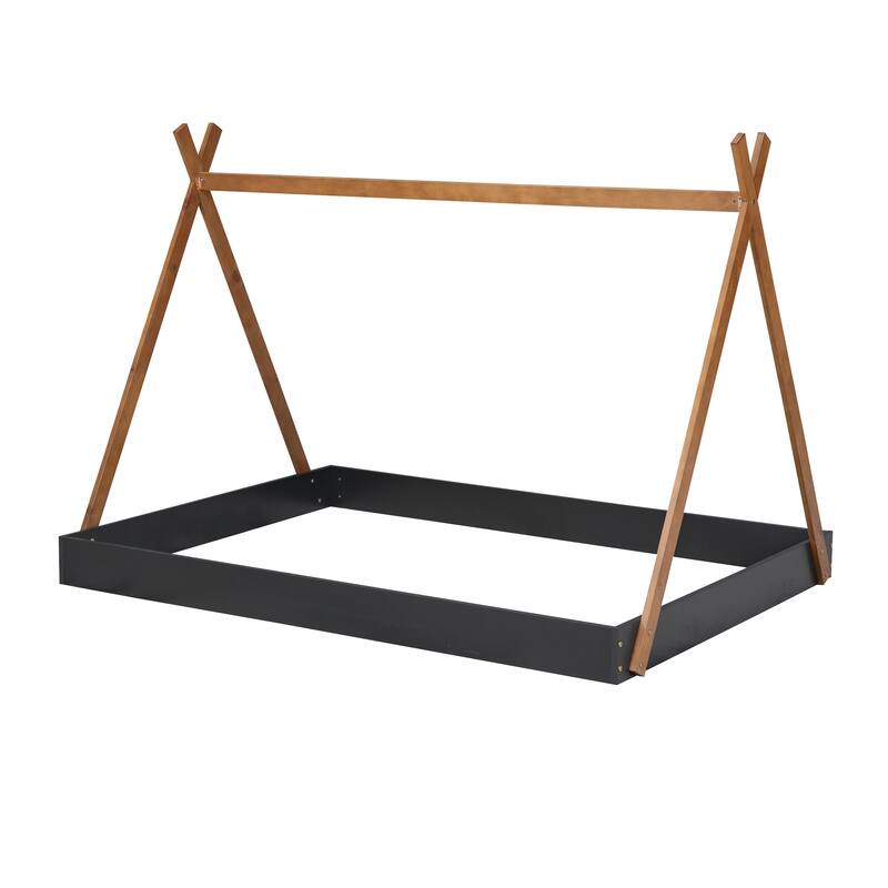 Roomfitters Full Size Tent Floor Bed with Triangle Structure Frame and Cozy Design, Black+Brown