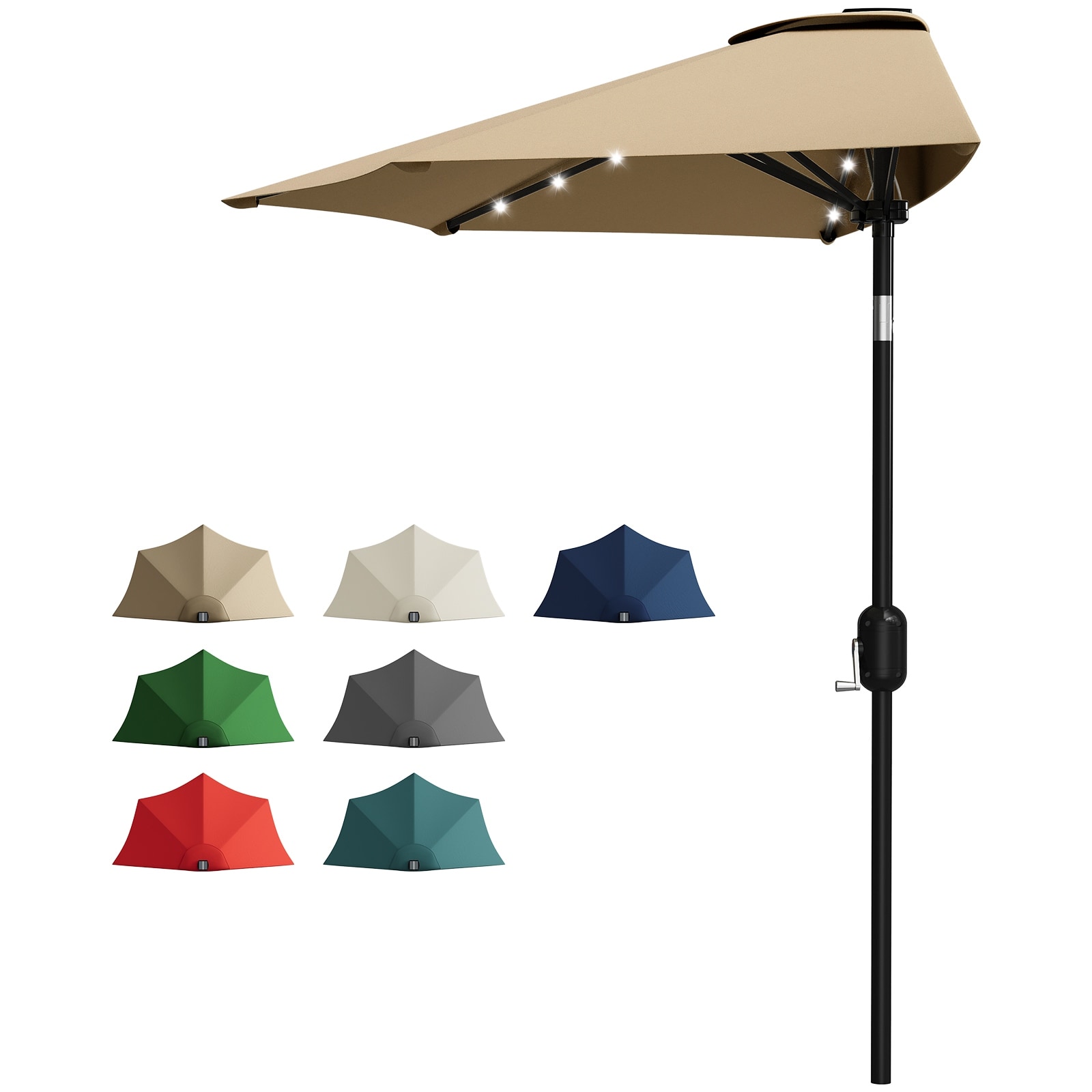 9FT Patio Umbrella with Solar Lights, Half Umbrella for Backyard Deck Garden