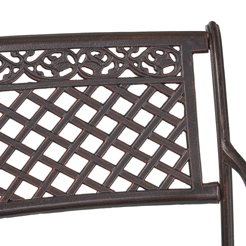 Roomfitters Outdoor Cast Aluminum Patio Bench with Lattice Backrest and Armrests, Copper Finish