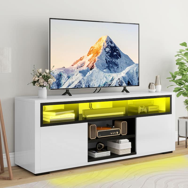 Moasis Modern Glossy LED TV Stand For TVs up to 70 inches, Entertainment Center & Media Console for Living Room - White - 51 inches in width