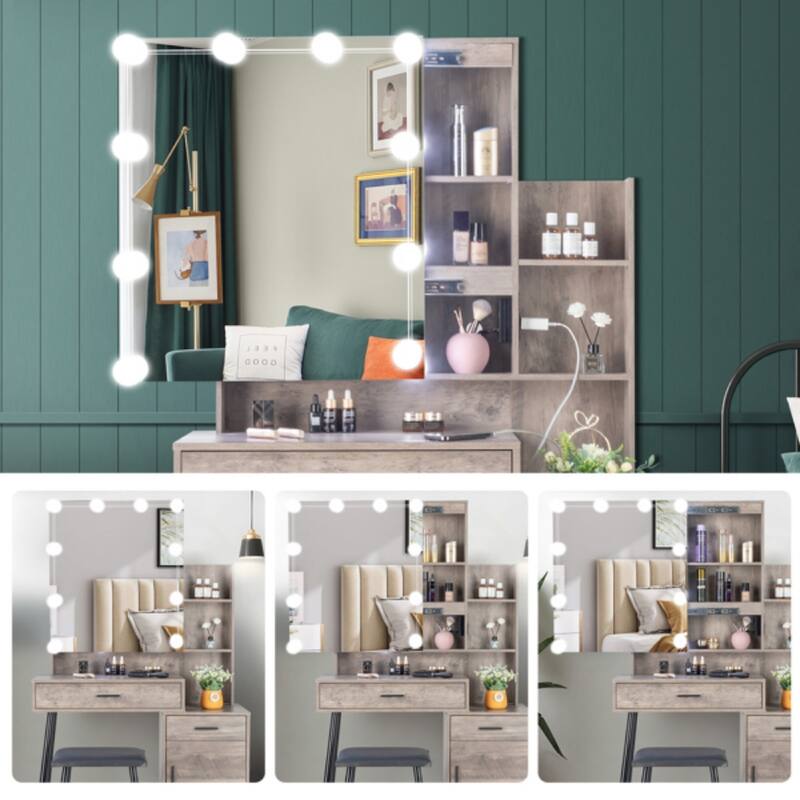 Vanity Set with 3 Light Bulbs, Mirror Cabinet, and Storage - 43.3 x 15.7 x 63