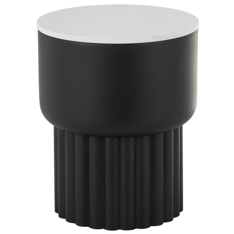 Black Metal Ribbed Side End Accent Table with White Marble Tabletop