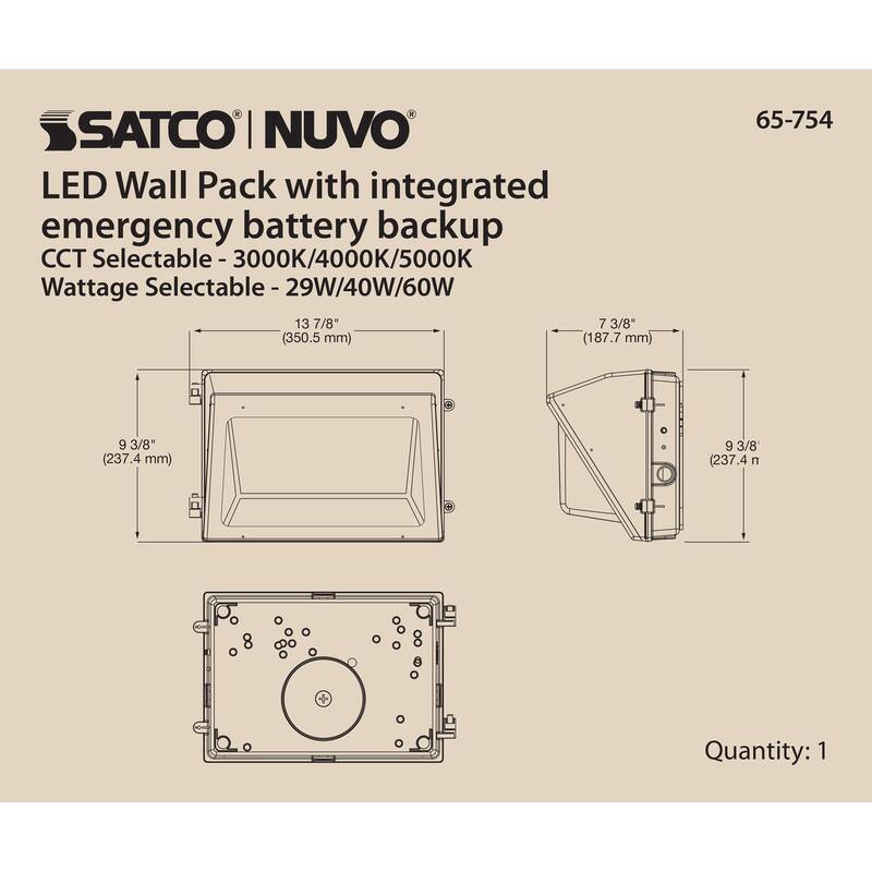 Emergency Architectural LED Wall Pack CCT Selectable 3K/4K/5K Wattage Adjustable Bypassable Photocell 120-277 Volt - Bronze