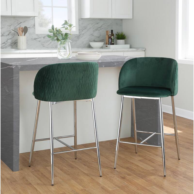 Lumisource Waves Counter Stool in Chrome and Silver Velvet - Set of 2 - 21"Lx19.75"Wx36"H