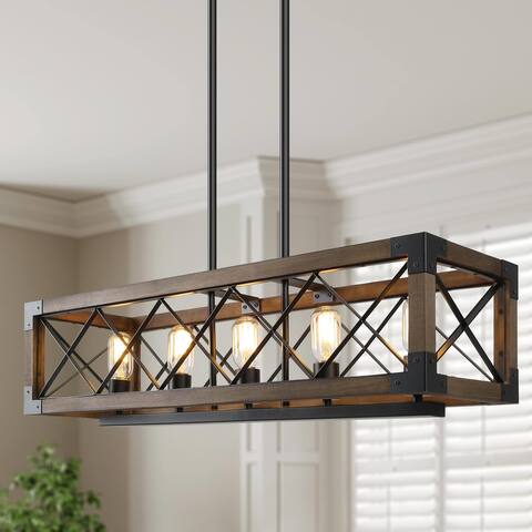 Modern Farmhouse 5-Light 31.5-inch Wood Linear Chandelier Wire Mesh Cage Rectangle Island Lights