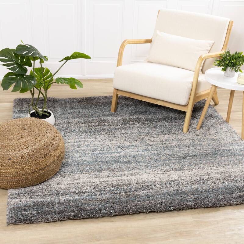 Miley Collection - Grey/Blue Distressed Stripes Rug - 3'11" x 3'11"