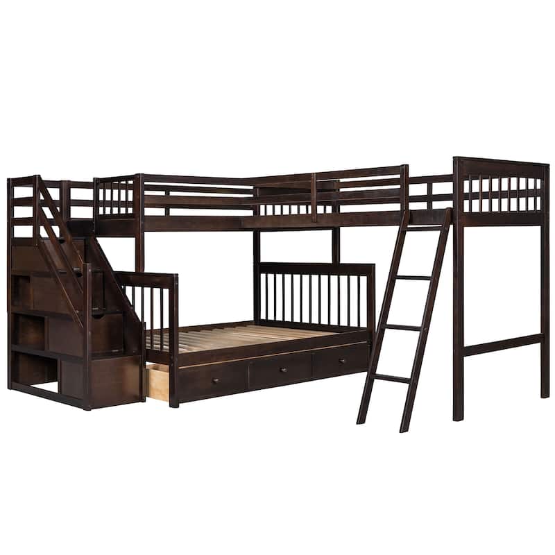 Twin over Full Size Solid Wood L-Shaped Bunk Bed With 3 Drawers, Ladder and Staircase
