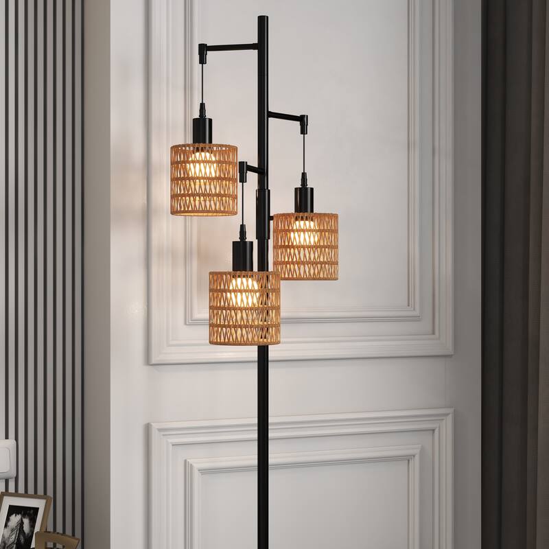 Boho 3-Light Tree Floor Lamp With Rattan Drum Shades