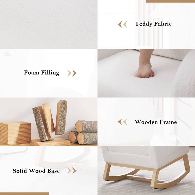 Teddy Fabric Rocking Chair with Adjustable Footstool for Relaxation