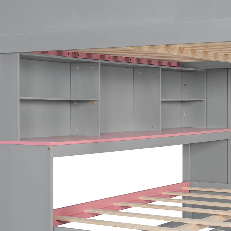 Full Over Full Bunk Bed with Twin Trundle, Staircase, Kids Loft Bed with Storage, LED Lighting, Space-Saving Wood Bed Frame