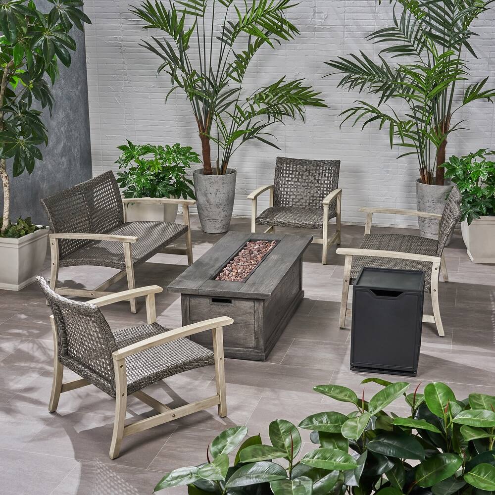 Breakwater Outdoor 6 Piece Wood and Wicker Chat Set with Fire Pit by Christopher Knight Home