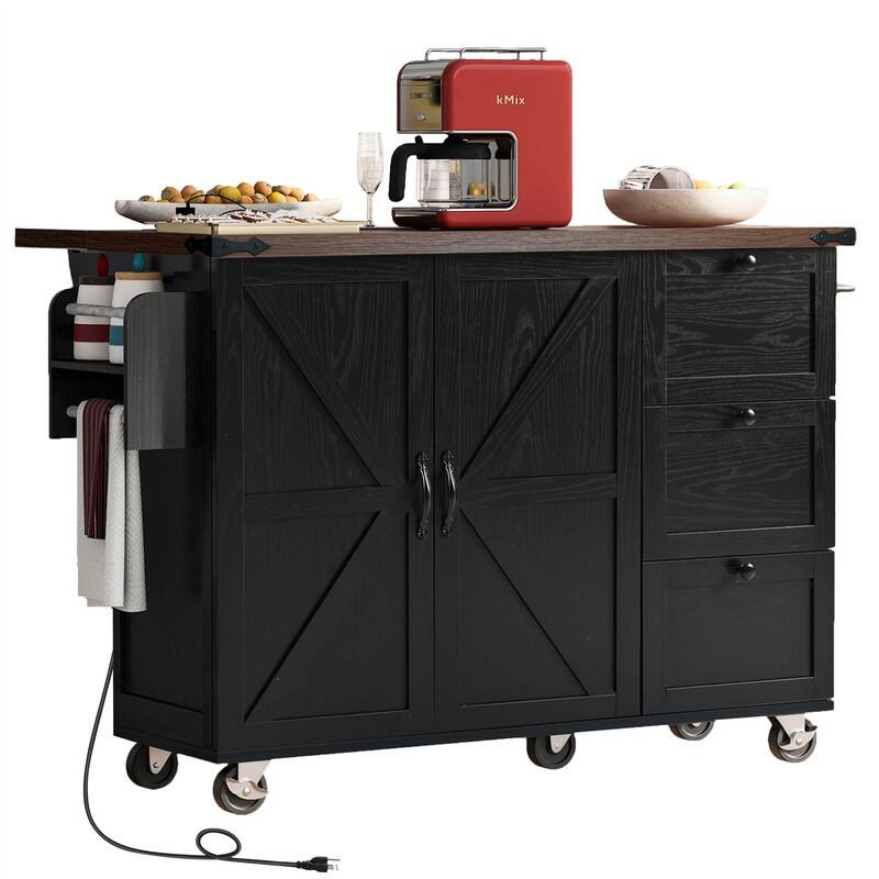 Farmhouse Kitchen Island with Power Outlet, Rolling Kitchen Cart on Wheels with Internal Storage Rack, Drop Leaf, Spice Rack