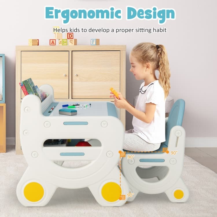 Kids Drawing Table and Chair Set with Watercolor Pens and Blackboard Eraser - 30.5" x 23.5" x 23" - Blue
