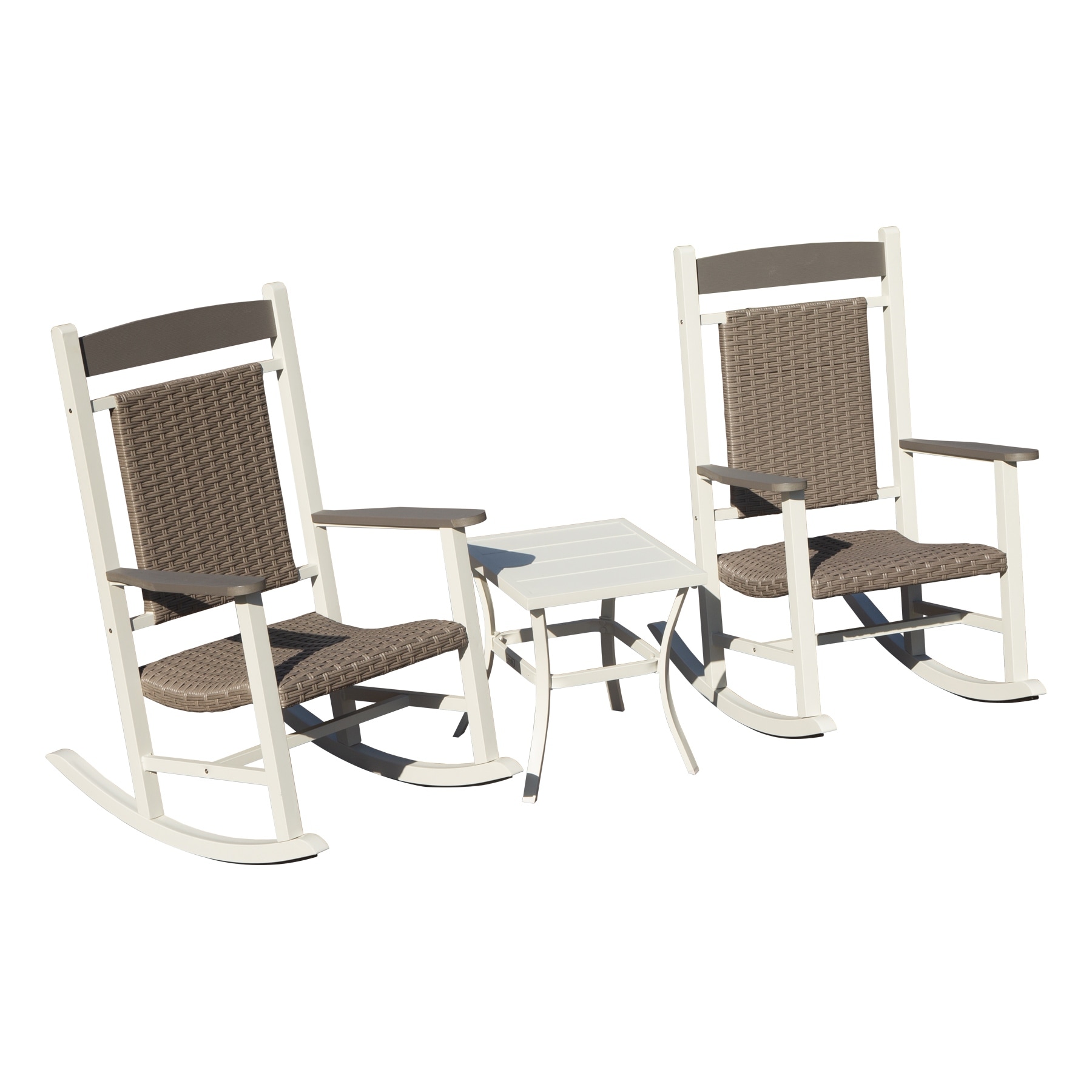 White Gray Outdoor Chat Set with 2 Rocking Chairs, Patio Conversation Set with Coffee Table for Poolside Backyard