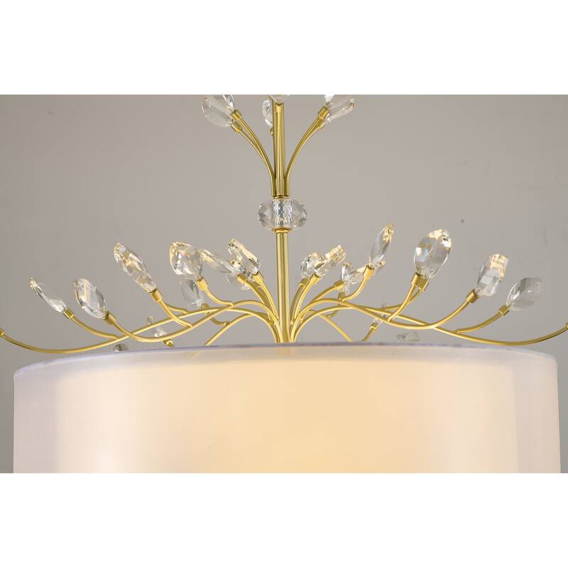 6-Light Aged Silver Branch Chandelier With A Fabric Shade And Crystals