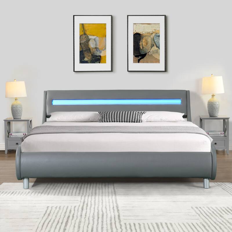 Gray Queen Size Faux Leather Upholstered Platform Bed with LED Lighting and Wood Slat Support