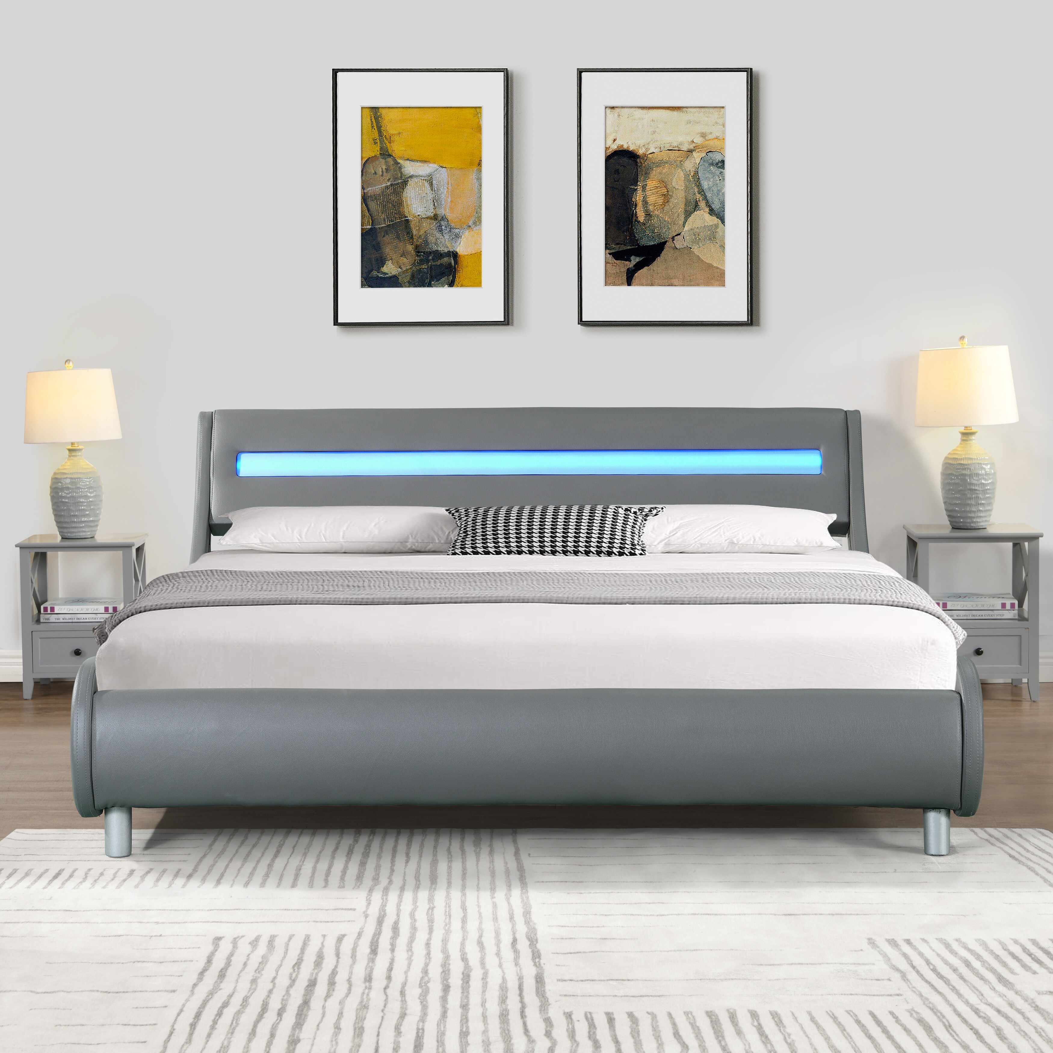 LED Upholstered Platform Bed Frame with Curve Design and Wood Slat